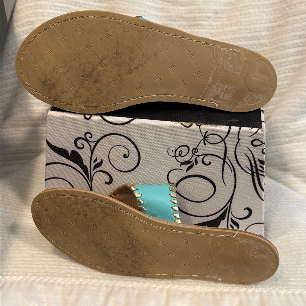 RARE Jack Rogers Pineapple Caribbean Blue w/ Gold Thong Leather Sandals Size 9 - Picture 7 of 8
